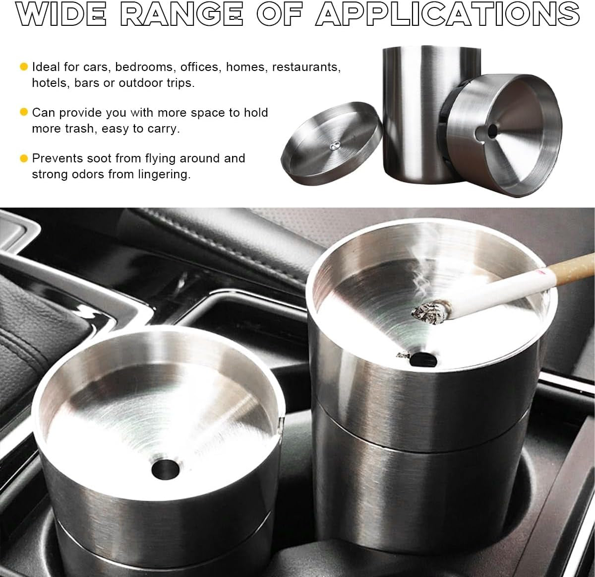 Ohleats Car Ashtray with Lid, Stainless Steel Smokeless Smell Proof Auto Ash Tray, Detachable Mini Portable Cup Holder Cigarette Ashtray for Vehicle Office Home, Car Accessories (Silver)