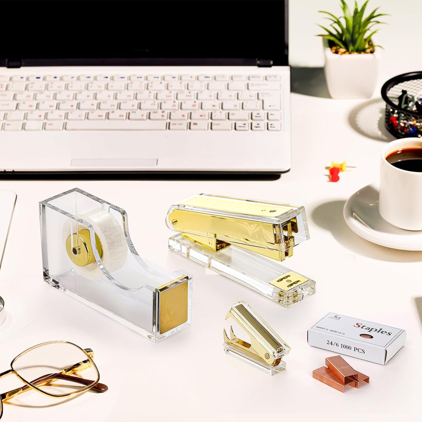 Hiceeden Acrylic Gold Stapler and Tape Dispenser Set, Desk Accessories Office Supplies Includes Tape, Staple Remover and 1000Pcs 24/6 Staples, Modern Cute Stapler Set for Desk