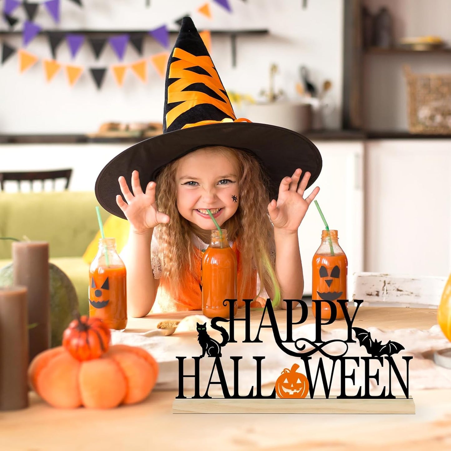 COCHIE Metal Happy Halloween Sign, Black Halloween Decorations for Home, Office, Shelf, Mantel, Indoor, Jack-O-Lantern Decoration, Spooky Cat Bat Decor (Halloween)