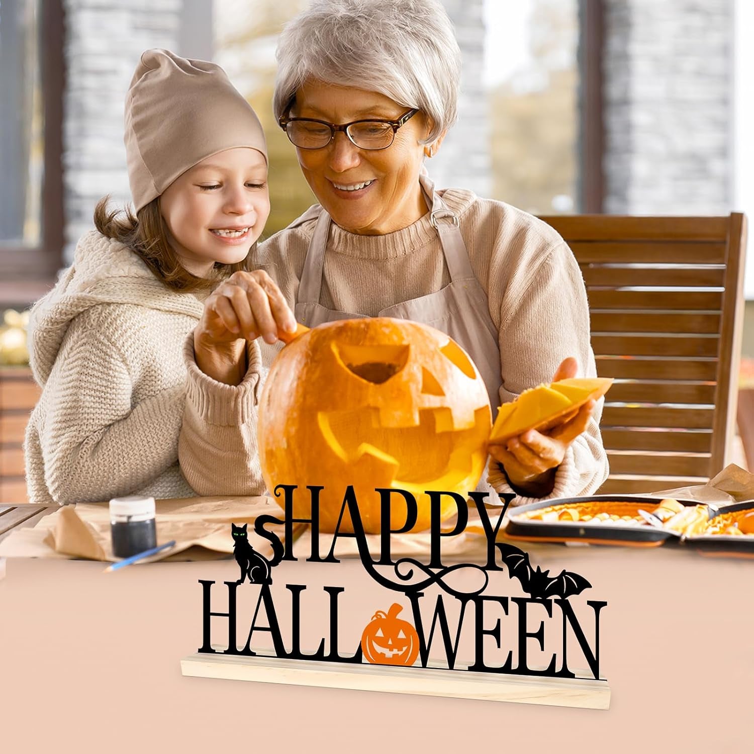 COCHIE Metal Happy Halloween Sign, Black Halloween Decorations for Home, Office, Shelf, Mantel, Indoor, Jack-O-Lantern Decoration, Spooky Cat Bat Decor (Halloween)