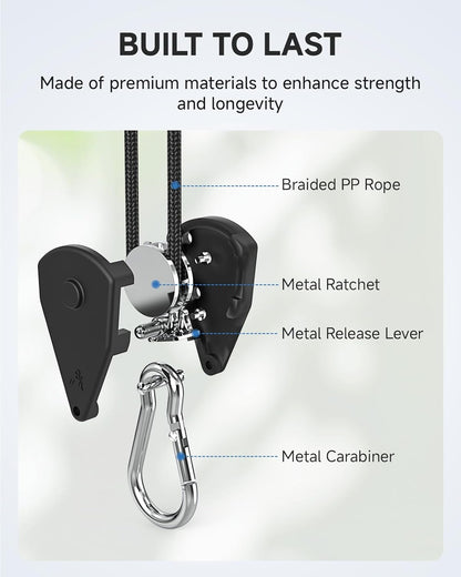 Fondwell 1/8" Ratchet Tie down Ropes: 4-Pack 8 Ft Adjustable Grow Light Hangers with Quick Lock/Release Pulley System - 75 Lbs Load Small Ratchet Straps Mini for Various Hanging and Strapping