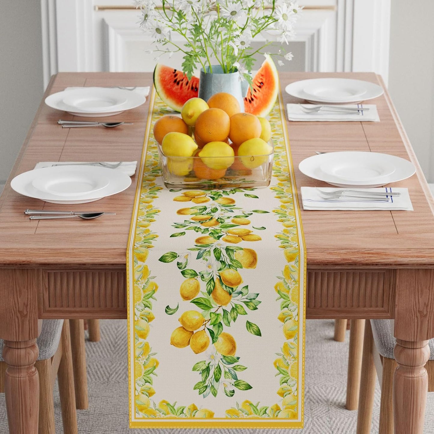XCHI Yellow Lemon Flowers Leaves Summer Table Runner Decoration for Home Kitchen Holiday Party Farmhouse 13X90 Inch