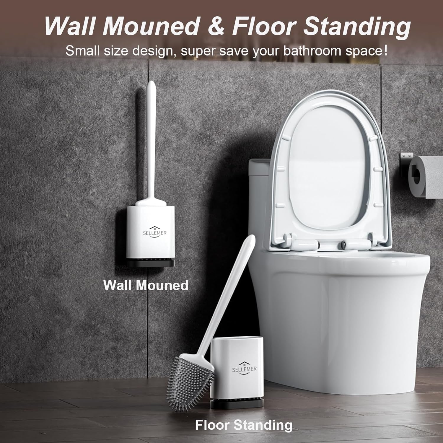 Sellemer Toilet Brush and Holder Set - Flexible Toilet Bowl Brush Head with Silicone Bristles, Compact Size for Storage and Organization, Ventilation Slots Base (1 Pack, Pearl White)