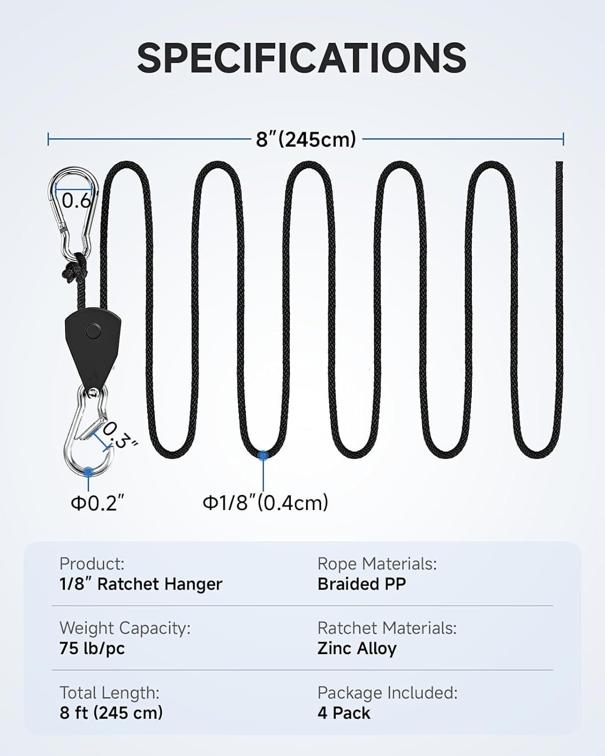 Fondwell 1/8" Ratchet Tie down Ropes: 4-Pack 8 Ft Adjustable Grow Light Hangers with Quick Lock/Release Pulley System - 75 Lbs Load Small Ratchet Straps Mini for Various Hanging and Strapping