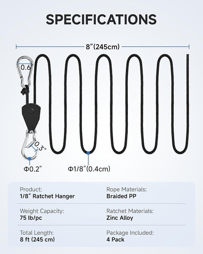 Fondwell 1/8" Ratchet Tie down Ropes: 4-Pack 8 Ft Adjustable Grow Light Hangers with Quick Lock/Release Pulley System - 75 Lbs Load Small Ratchet Straps Mini for Various Hanging and Strapping