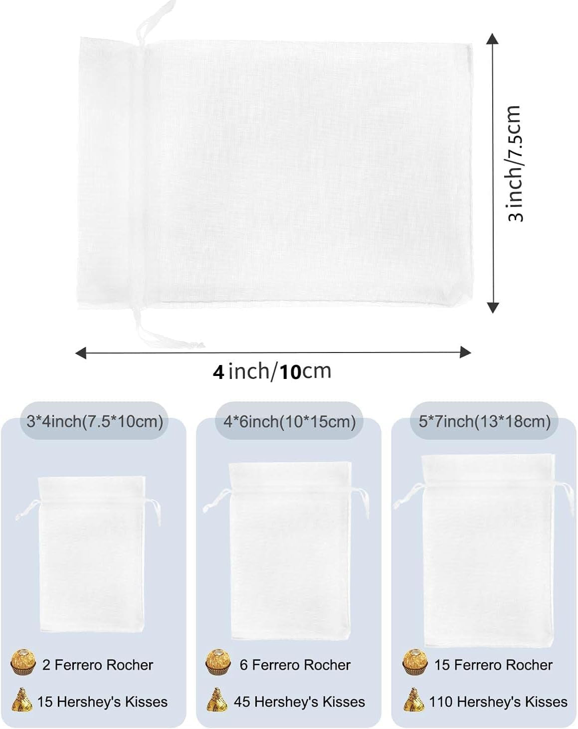 Kslong 100PCS Small Mesh Bags Drawstring 3X4, Sheer Organza Bags Drawstring for Jewelry, Mesh Party Wedding Favor Bags for Small Business,Candy,Bracelet Packaging,Empty Sachet Bags (White)