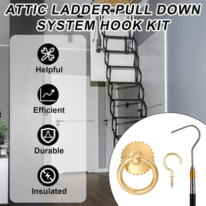 Ladder Pull down System Kit, Attic Ladder Pull down System Loft Stair Pull Kit Telescopic Pull down Rod up to 59 Inch Extension Pole with Hooks & Screws for Attic Ladder Accessories Tools