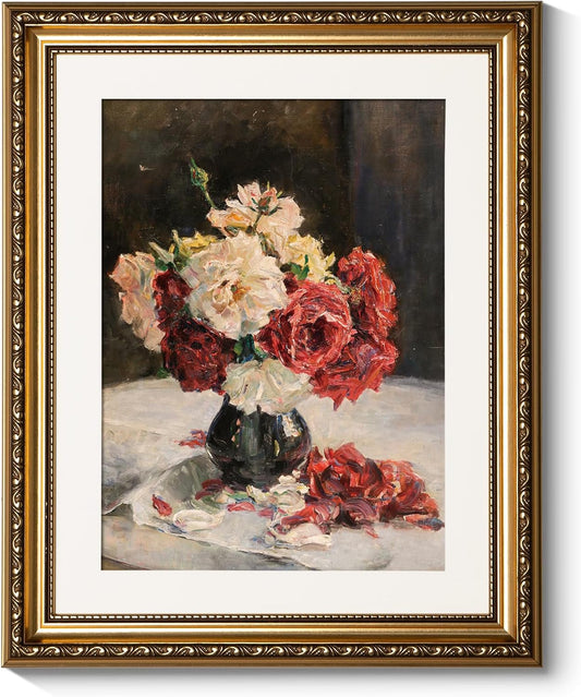 ARPEOTCY Vintage Gold Framed Wall Art Decor, Vintage Retro Vase Roses Paintings Ktichen Decor, Canvas Prints Floral Pictures, Antique Bedroom Country Picture Wall Art 13X16 Inch