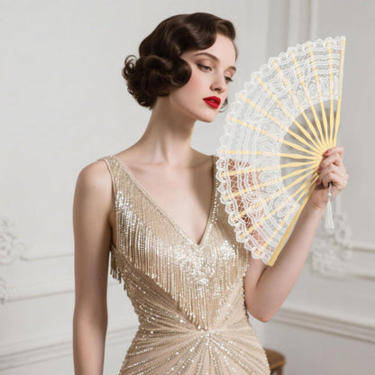 BABEYOND Cotton Lace Folding Handheld Fan Embroidered Bridal Hand Fan with Bamboo Staves for Wedding Decoration Dancing Party
