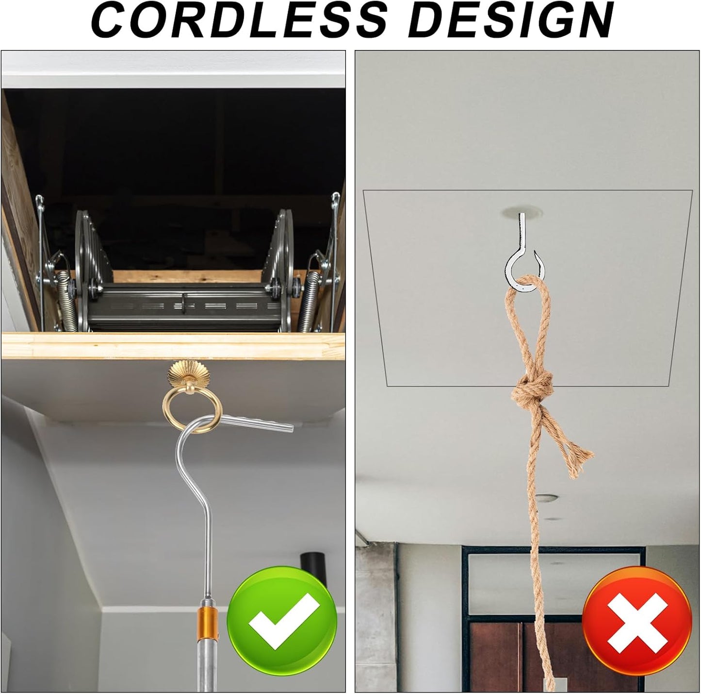 Ladder Pull down System Kit, Attic Ladder Pull down System Loft Stair Pull Kit Telescopic Pull down Rod up to 59 Inch Extension Pole with Hooks & Screws for Attic Ladder Accessories Tools
