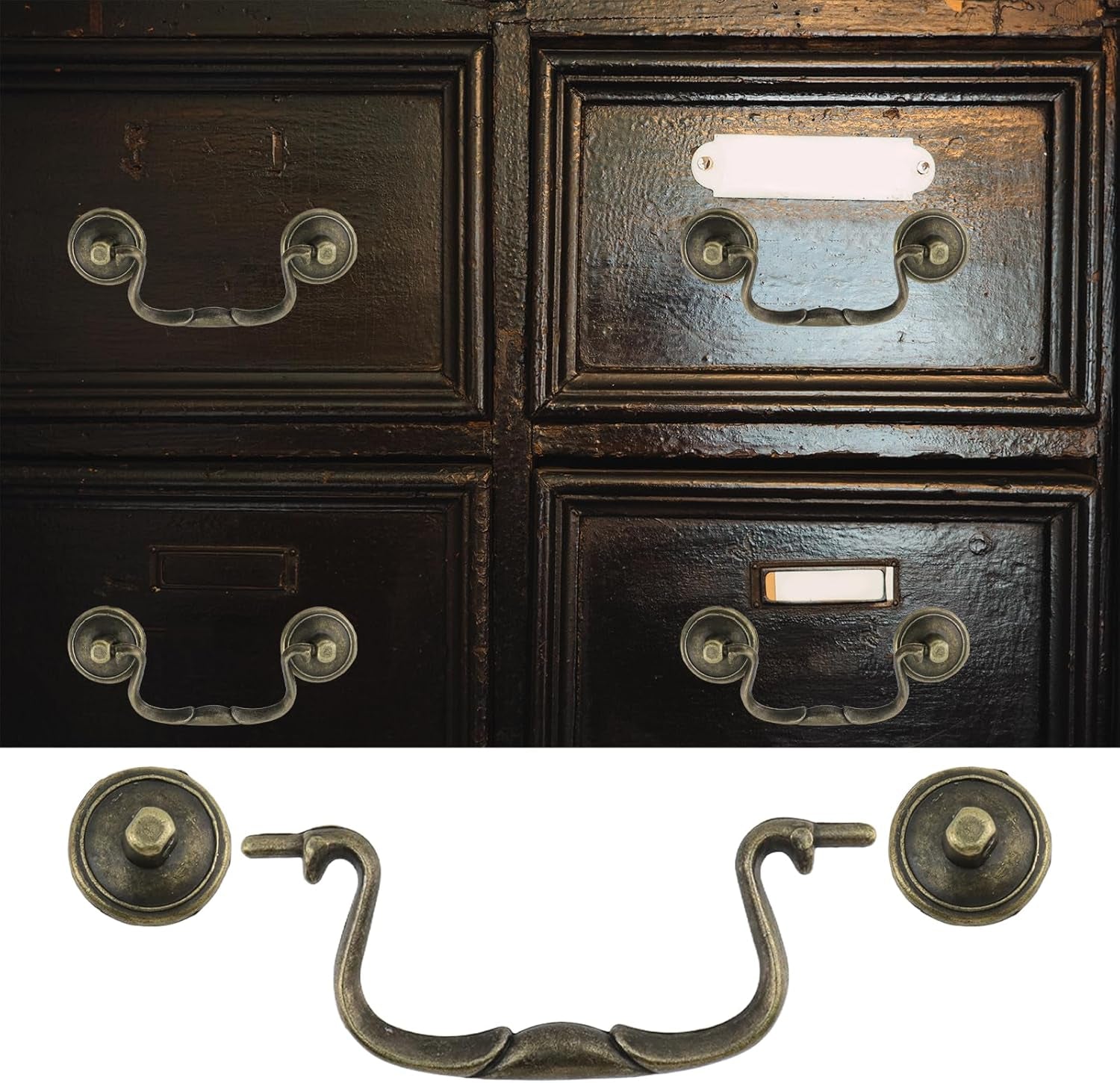 6 Pcs Antique Bail Handle Drop Pulls Vintage Bronze Drop Bail Drawer Pulls Cabinet Pull Handles for Closets, Cabinet, Drawer, Furniture (3.3" Hole Centers, 4.4" Total Length)