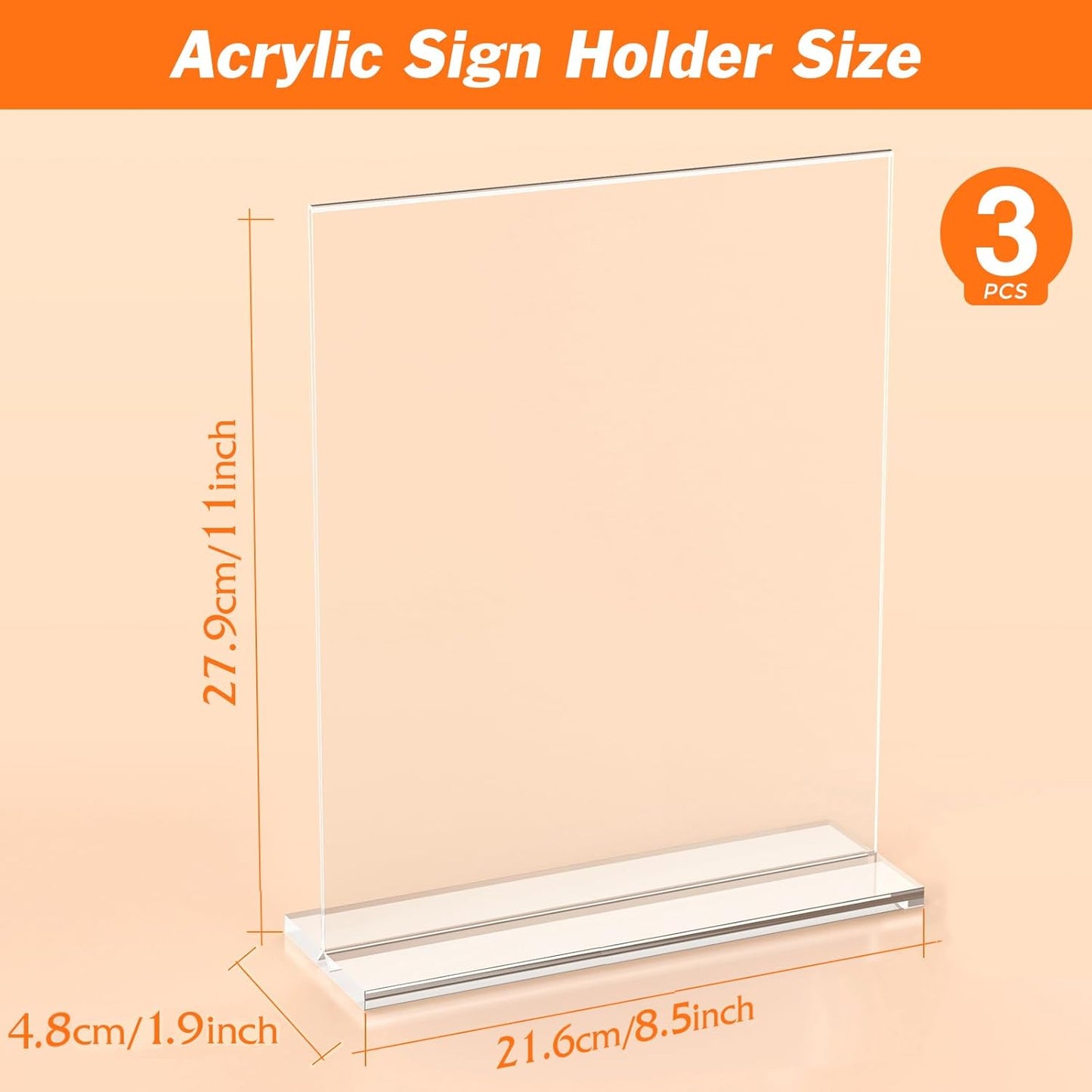 3 Pack Acrylic Sign Holder 8.5 X 11 Inches, Clear Menu Stand, Vertical Flyer Display, Table Paper Holder, Desk Brochure, Plastic Sign Display for Restaurants, Office, Store