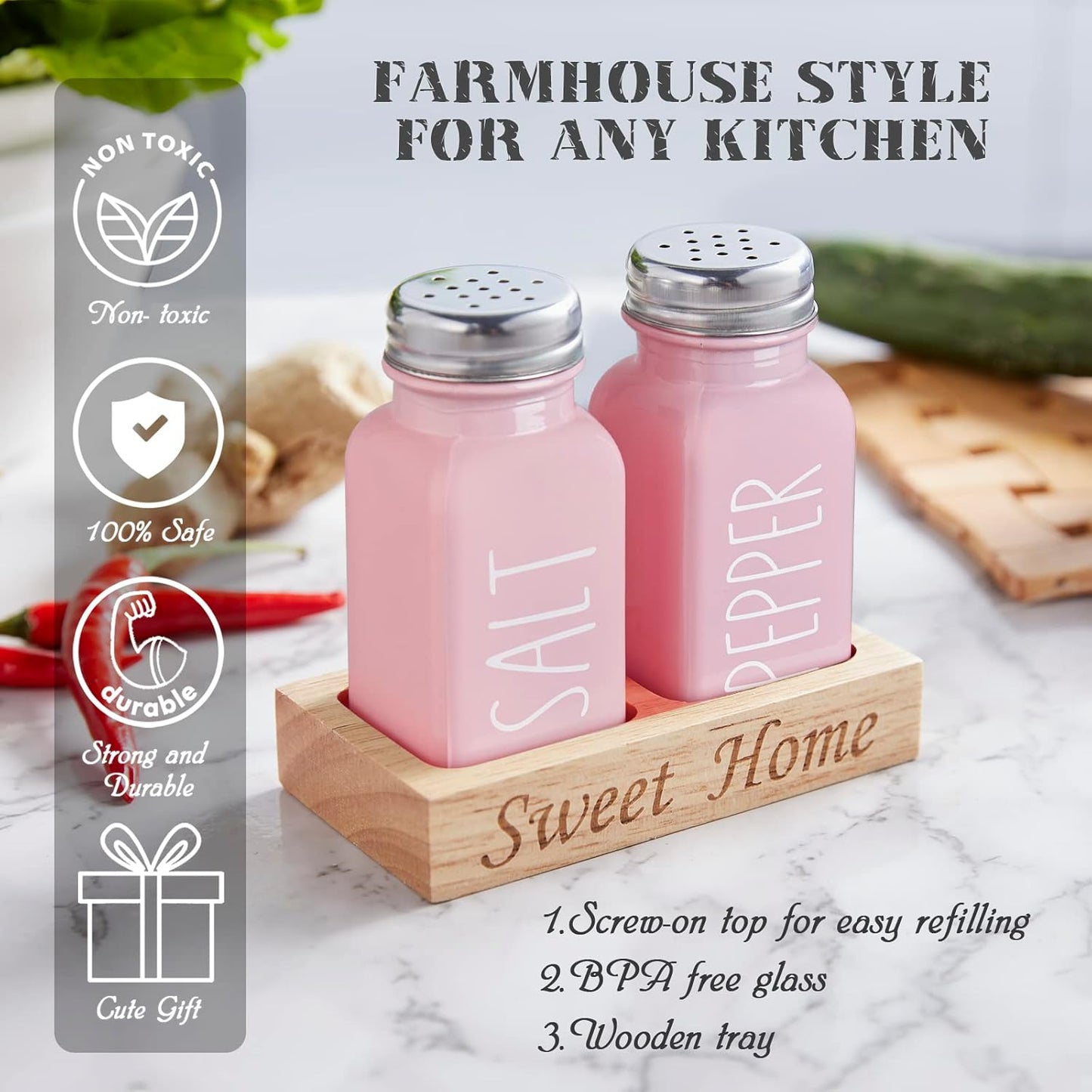 Pink Salt and Pepper Shakers Set with Holder - Pink Kitchen Home Decor and Accessories - Dopeca Glass Salt Shaker with Wood Tray for Kitchen Counter or Table -2.7 Oz