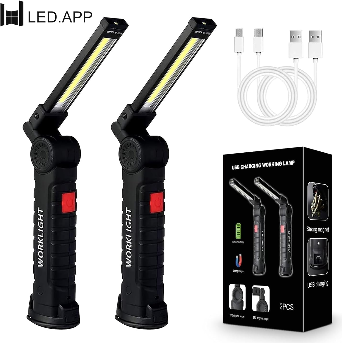 2Pack LED Work Lights, USB Rechargeable COB Light with Magnetic Base 360°Rotate and 5 Modes, Folding Flashlight Inspection Mechanic Light for Car Repairing, Workshop, Household and Emergency Use,Large
