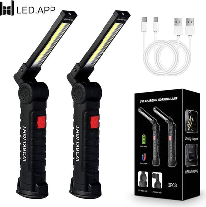 2Pack LED Work Lights, USB Rechargeable COB Light with Magnetic Base 360°Rotate and 5 Modes, Folding Flashlight Inspection Mechanic Light for Car Repairing, Workshop, Household and Emergency Use,Large