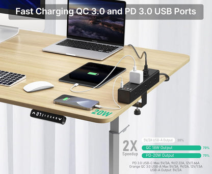 CCCEI Standing Desk Clamp Power Strip with 15 Outlets, Widely Spaced Desktop Edge Mount Surge Protector Outlet, Fast Charging USB-A and USB-C Ports, 6 FT Flat Plug, Black Fit 1.6 Inch Table Top.