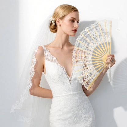 BABEYOND Cotton Lace Folding Handheld Fan Embroidered Bridal Hand Fan with Bamboo Staves for Wedding Decoration Dancing Party