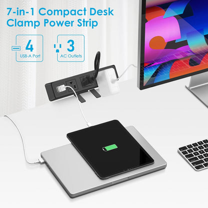 3 AC Outlet Desk Clamp Power Strip, Desk Mount USB Charging Power Station, Removable Desktop Edge Power Center Plugs Output 125V/60HZ/12A/1500W, USB 5V/4A 6.56FT Cable