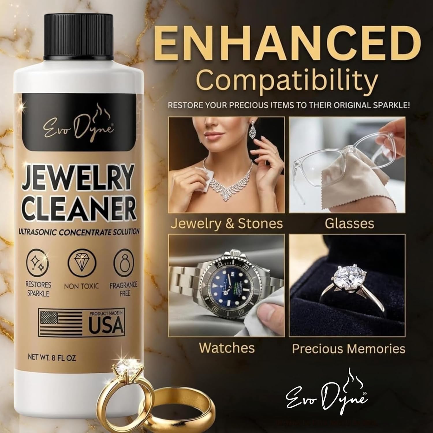 Ultrasonic Jewelry Cleaner Solution (2-Pack) Concentrated Jewelry Cleaner for Diamonds, Gold, Silver & More | Compatible with Ultrasonic Machine (S) - Made in USA - 8Oz per Bottle