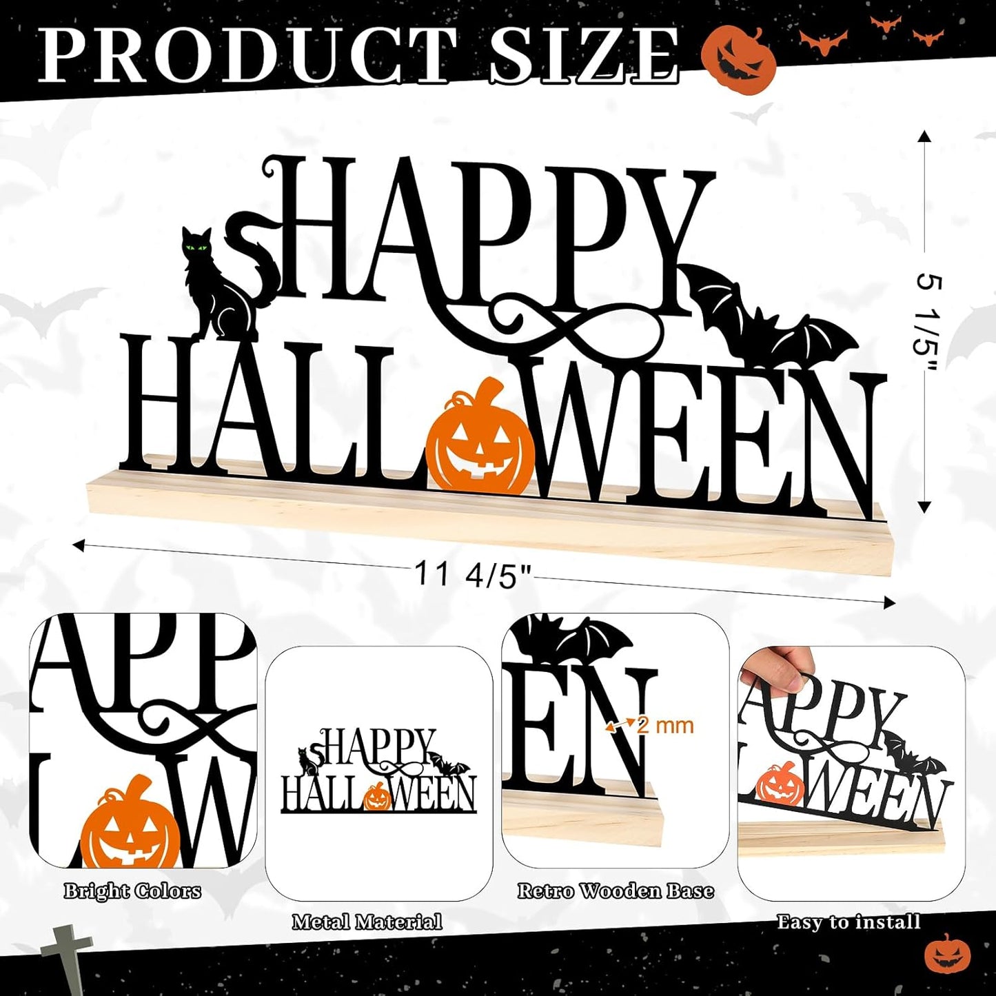 COCHIE Metal Happy Halloween Sign, Black Halloween Decorations for Home, Office, Shelf, Mantel, Indoor, Jack-O-Lantern Decoration, Spooky Cat Bat Decor (Halloween)