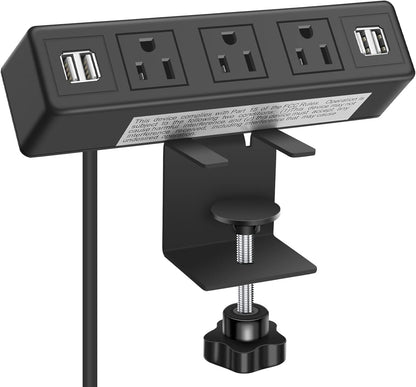 3 AC Outlet Desk Clamp Power Strip, Desk Mount USB Charging Power Station, Removable Desktop Edge Power Center Plugs Output 125V/60HZ/12A/1500W, USB 5V/4A 6.56FT Cable