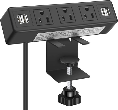3 AC Outlet Desk Clamp Power Strip, Desk Mount USB Charging Power Station, Removable Desktop Edge Power Center Plugs Output 125V/60HZ/12A/1500W, USB 5V/4A 6.56FT Cable