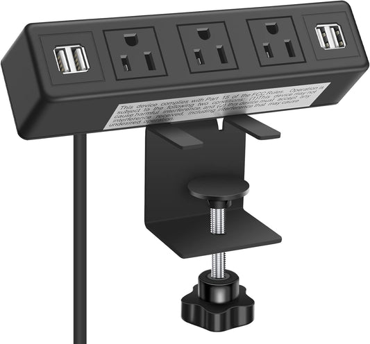 3 AC Outlet Desk Clamp Power Strip, Desk Mount USB Charging Power Station, Removable Desktop Edge Power Center Plugs Output 125V/60HZ/12A/1500W, USB 5V/4A 6.56FT Cable