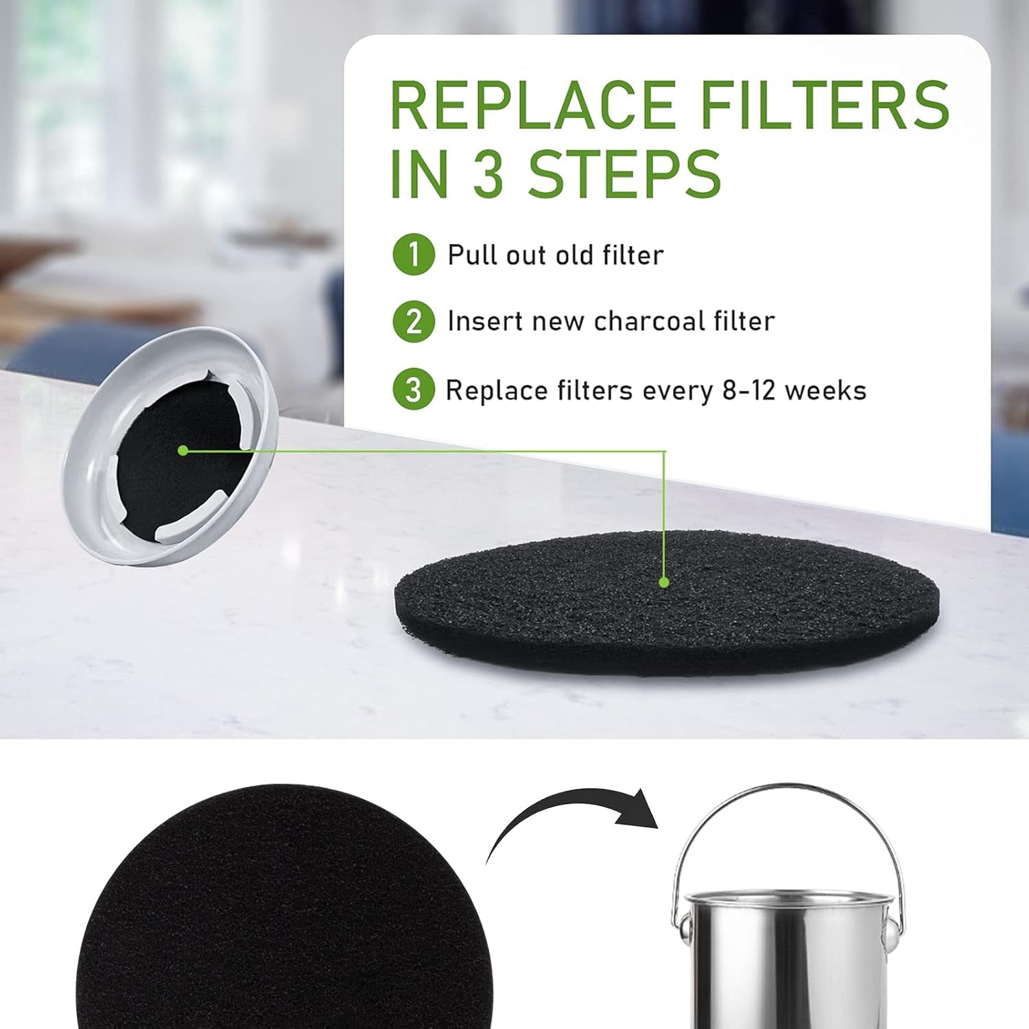 Charcoal Filters for Kitchen Compost Bin, 10 Pack Compost Filters for Countertop Bin Pail Replacement, Activated Charcoal Home Bucket Refill Sets, round 6.7 Inch