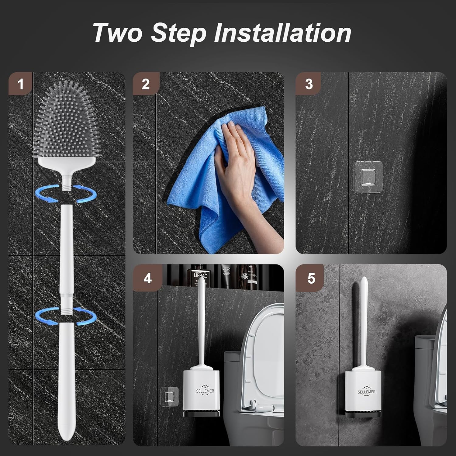 Sellemer Toilet Brush and Holder Set - Flexible Toilet Bowl Brush Head with Silicone Bristles, Compact Size for Storage and Organization, Ventilation Slots Base (1 Pack, Pearl White)