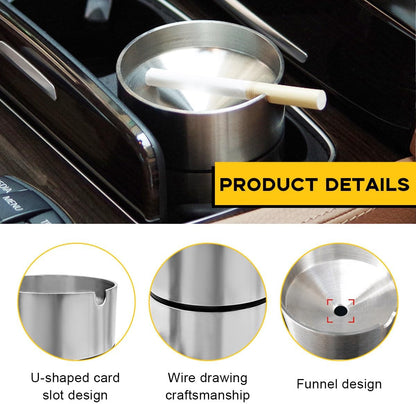 Ohleats Car Ashtray with Lid, Stainless Steel Smokeless Smell Proof Auto Ash Tray, Detachable Mini Portable Cup Holder Cigarette Ashtray for Vehicle Office Home, Car Accessories (Silver)