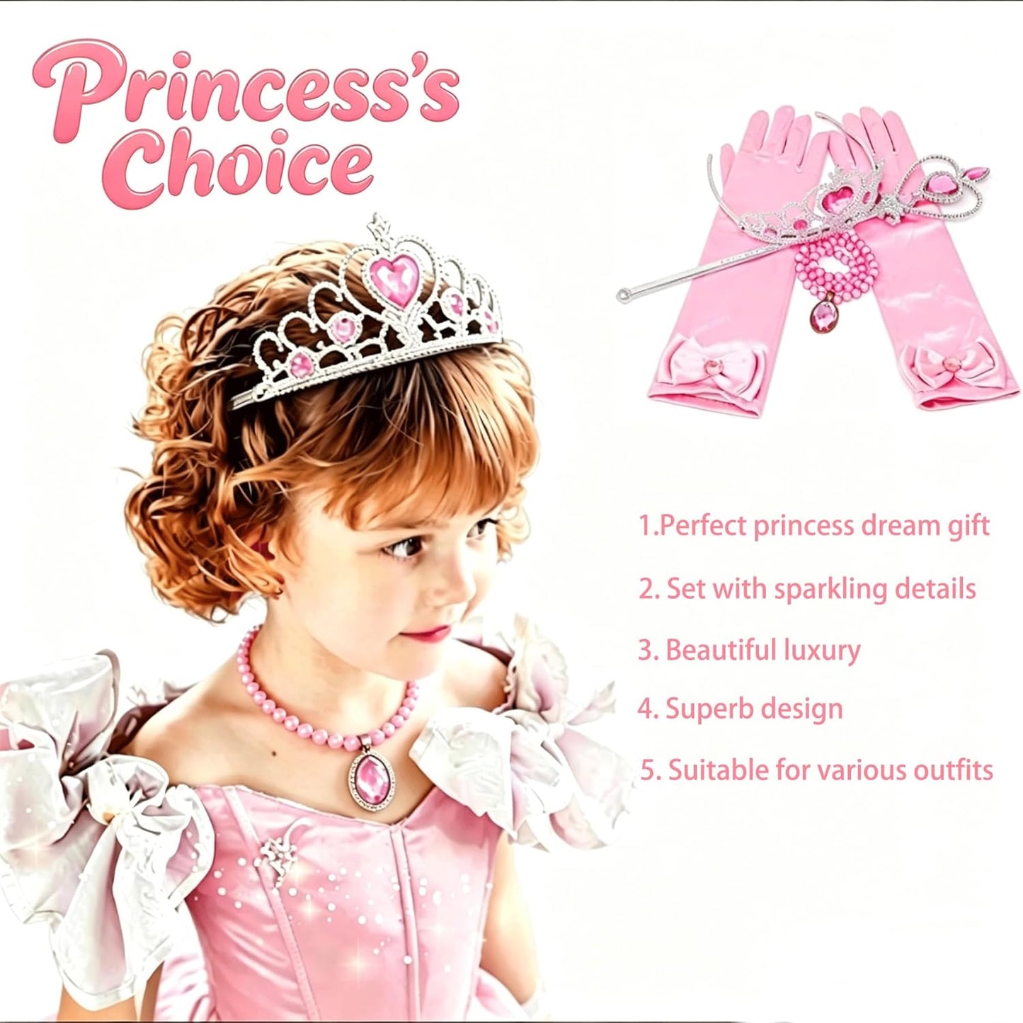 Orgrimmar Princess Dress up Accessories, Princess Crown Wand Gloves Necklaces Earrings for Girls, Presents for Kids Children