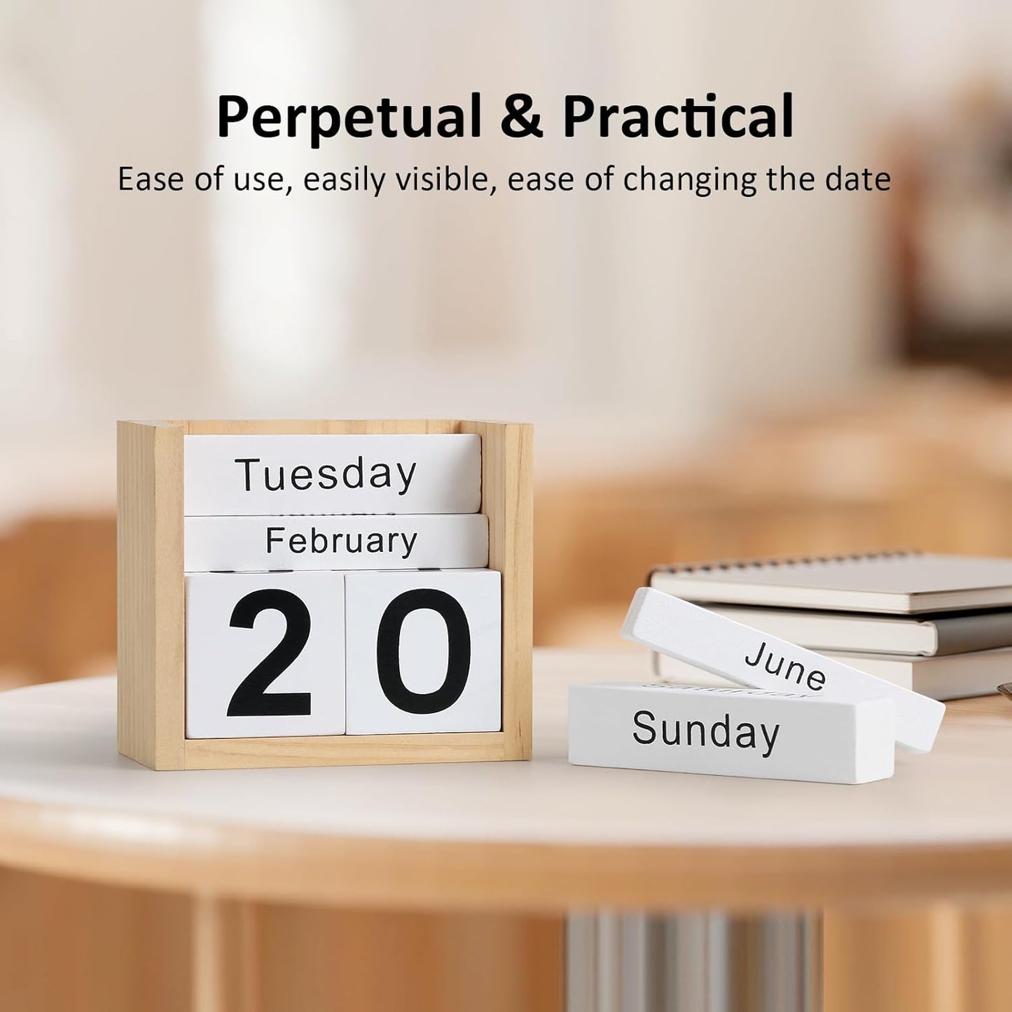 Wooden Block Calendar for Desk, Daily Desktop Perpetual Desk Calendar, Cute Date Display Blocks Desk Accessory for Home Office Decor, Teacher, Classroom, Reusable Yearly, Wood Grain