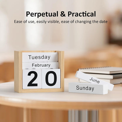 Wooden Block Calendar for Desk, Daily Desktop Perpetual Desk Calendar, Cute Date Display Blocks Desk Accessory for Home Office Decor, Teacher, Classroom, Reusable Yearly, Wood Grain
