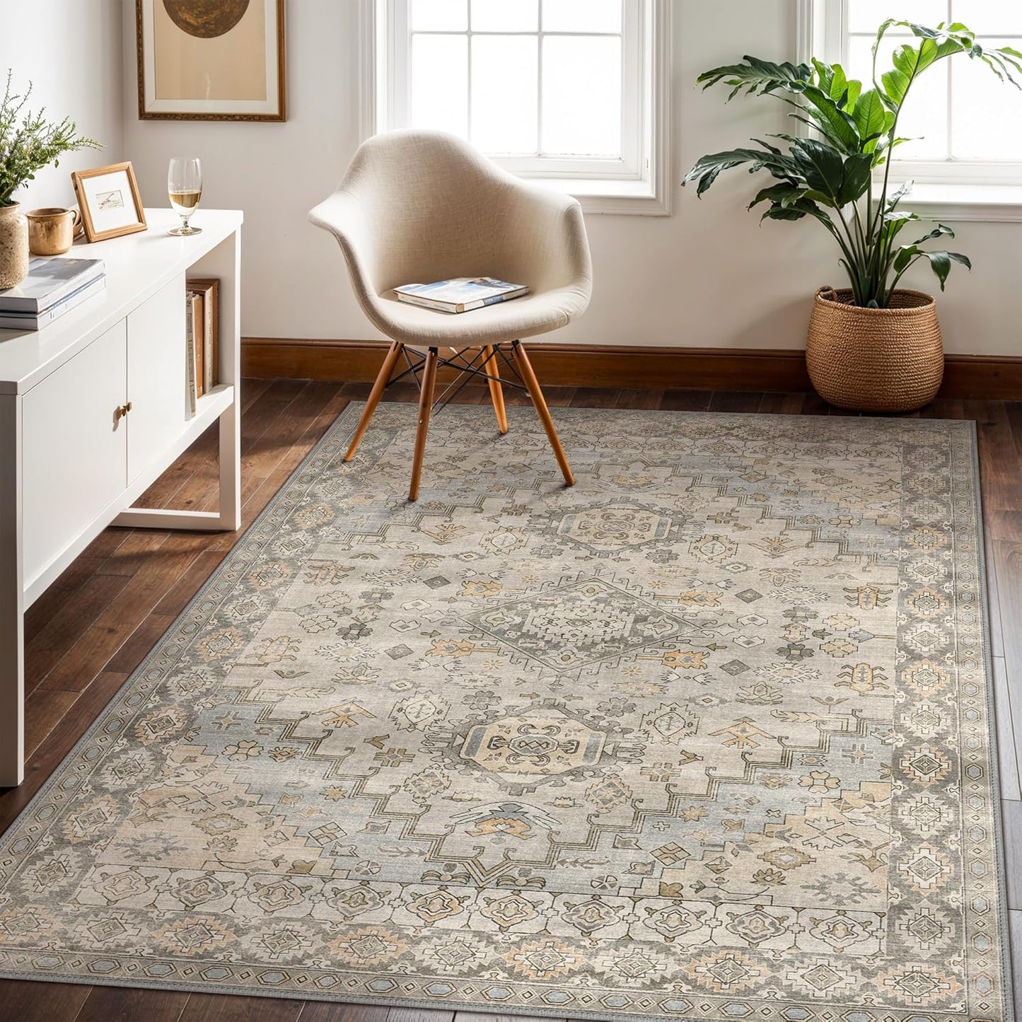 GENIMO 8X10 Area Rugs for Living Room, Machine Washable Non Slip Vintage Rugs, Low Pile Lightweight Chenille Print Rug for Bedroom, Dining Room, Home Office, Antique Taupe