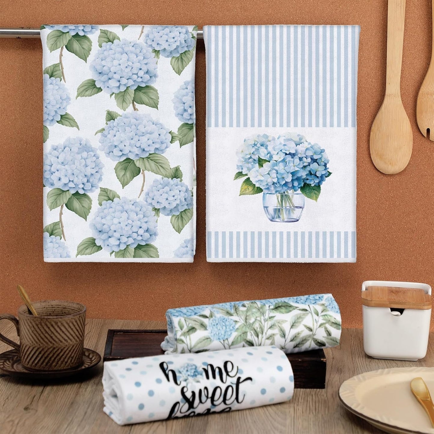 Fuweave 4 Pack Blue Hydrangea Kitchen Hand Towels Farmhouse Blue Hydrangea Decor, 18X26 Inch Summer Flowers Decorative Spring Floral Tea Dish Towels for Kitchen Bathroom
