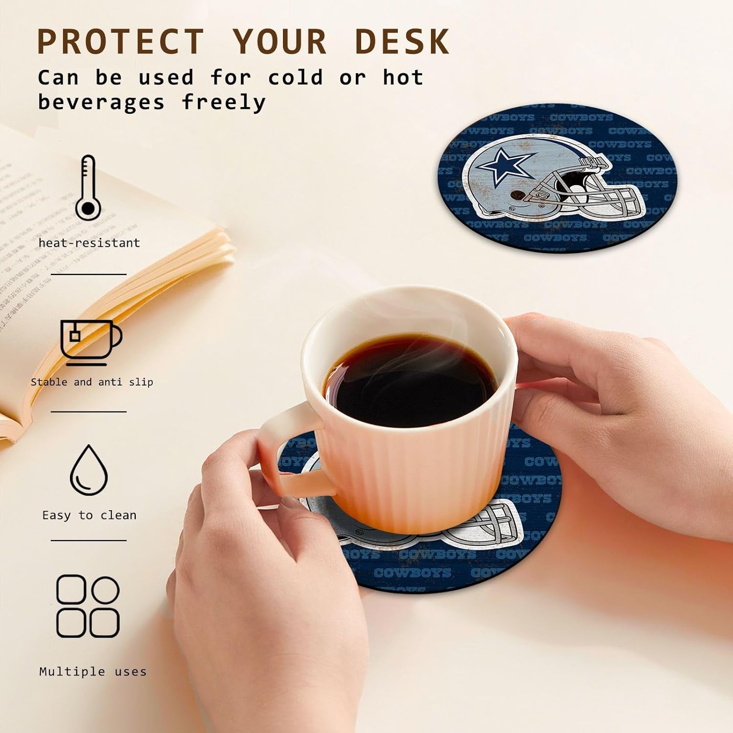 Coasters for Drinks，Cup Coasters Set of 4 for Tabletop,Coffee Table，Blue White Design Drinking Coaster for Sport Football Fans，4 Inches Non-Slip Rubber Base