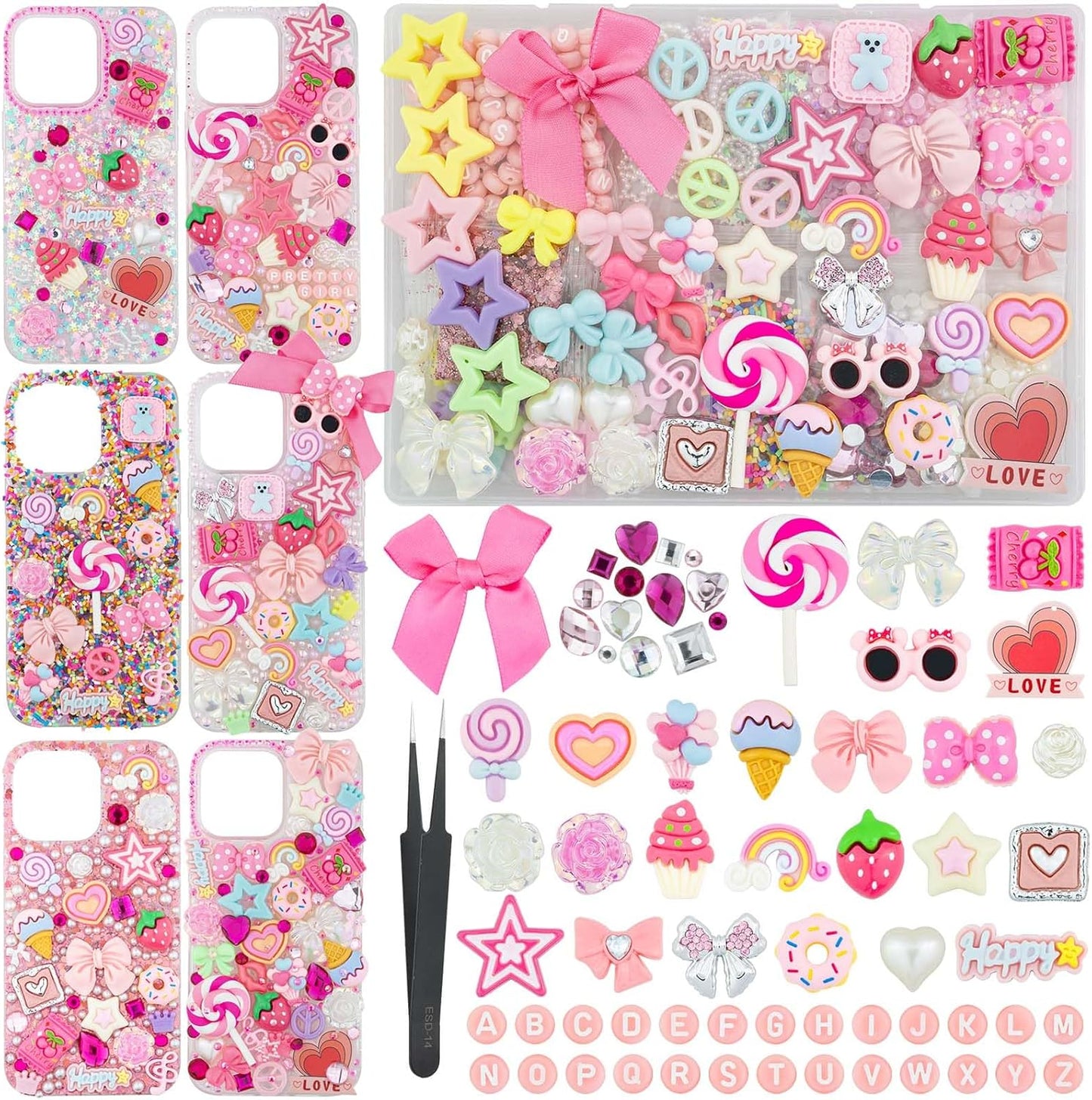 Dodobeads 1430 Pcs Junk Phone Case Decoration Kit, Charms for Customizing Cases, Kawaii Bow, Letter Beads, Nail Accessories, Flatback Pearls, Rhinestones, Cute Aesthetic Decor for Personalization