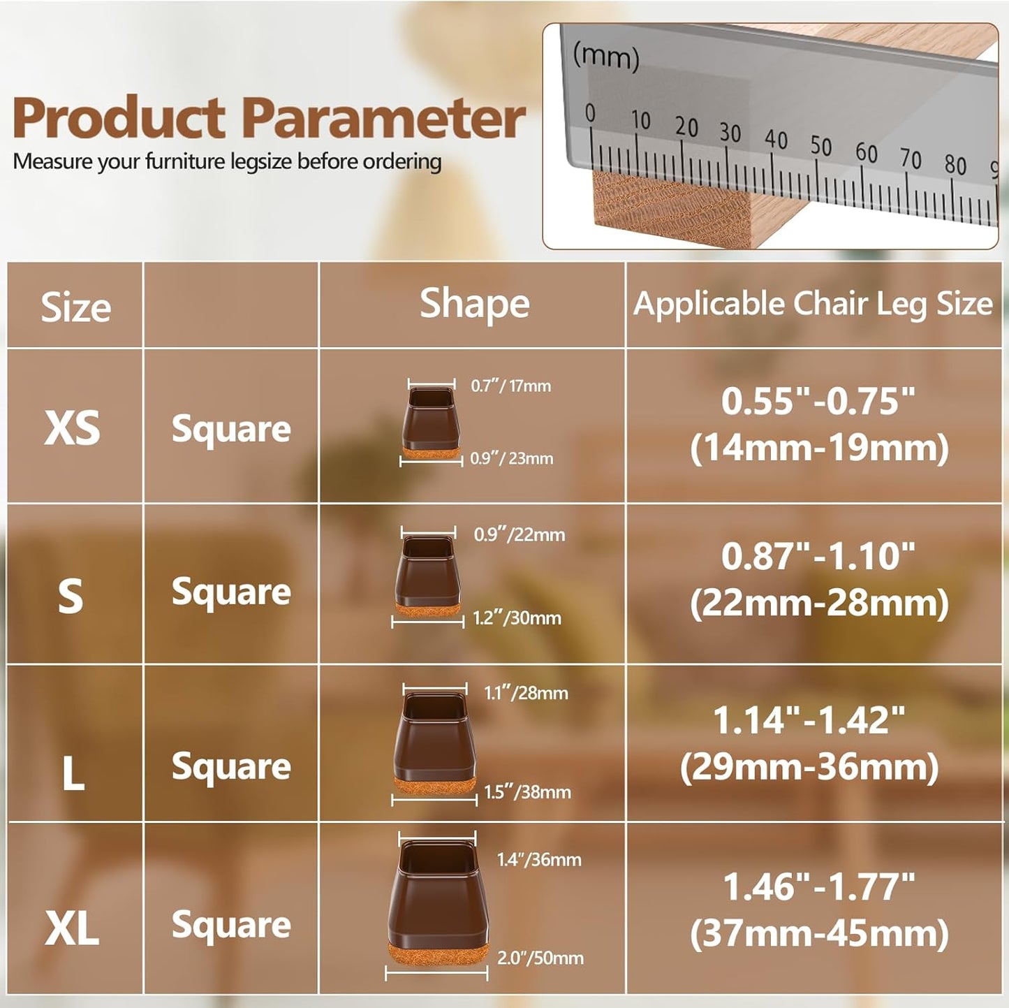 16Pcs Square Chair Leg Floor Protectors with Thickened Felt Pads Silicone Chair Leg Covers Caps to Protect Hardwood Tile Floors Furniture Feet Reduce Noise (Brown S Fit 0.87"-1.10")