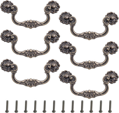 6 Pcs Antique Bail Handle Drop Pulls Vintage Bronze Drop Bail Drawer Pulls Cabinet Pull Handles for Closets, Cabinet, Drawer, Furniture (3.78" Hole Centers, 5.15" Total Length)