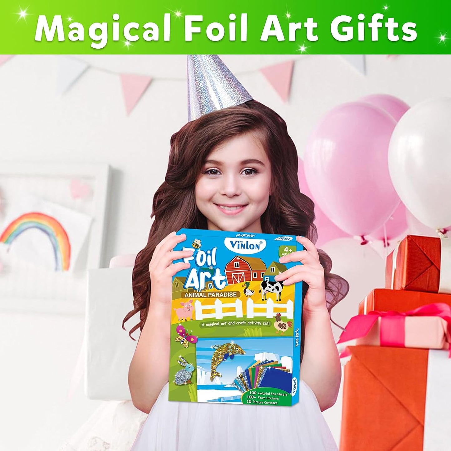 Vinlon Foil Fun Art Kit for Kids -DIY Craft Supplies Ocean Farm Animals Themes, Great Road Trip Travel Activities, Easter Basket Stuffers for Boys Girls Valentine'S Day Gift Ages 4-8 and Up