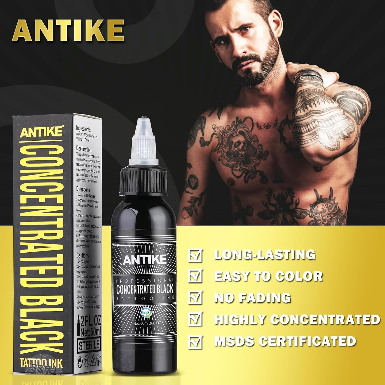ANTIKE Black Tattoo Ink 2Oz Pro Tattoo Ink Concentrated Black 60Ml USA Standard Pigment for Tattoo Artist TI5003-60-030