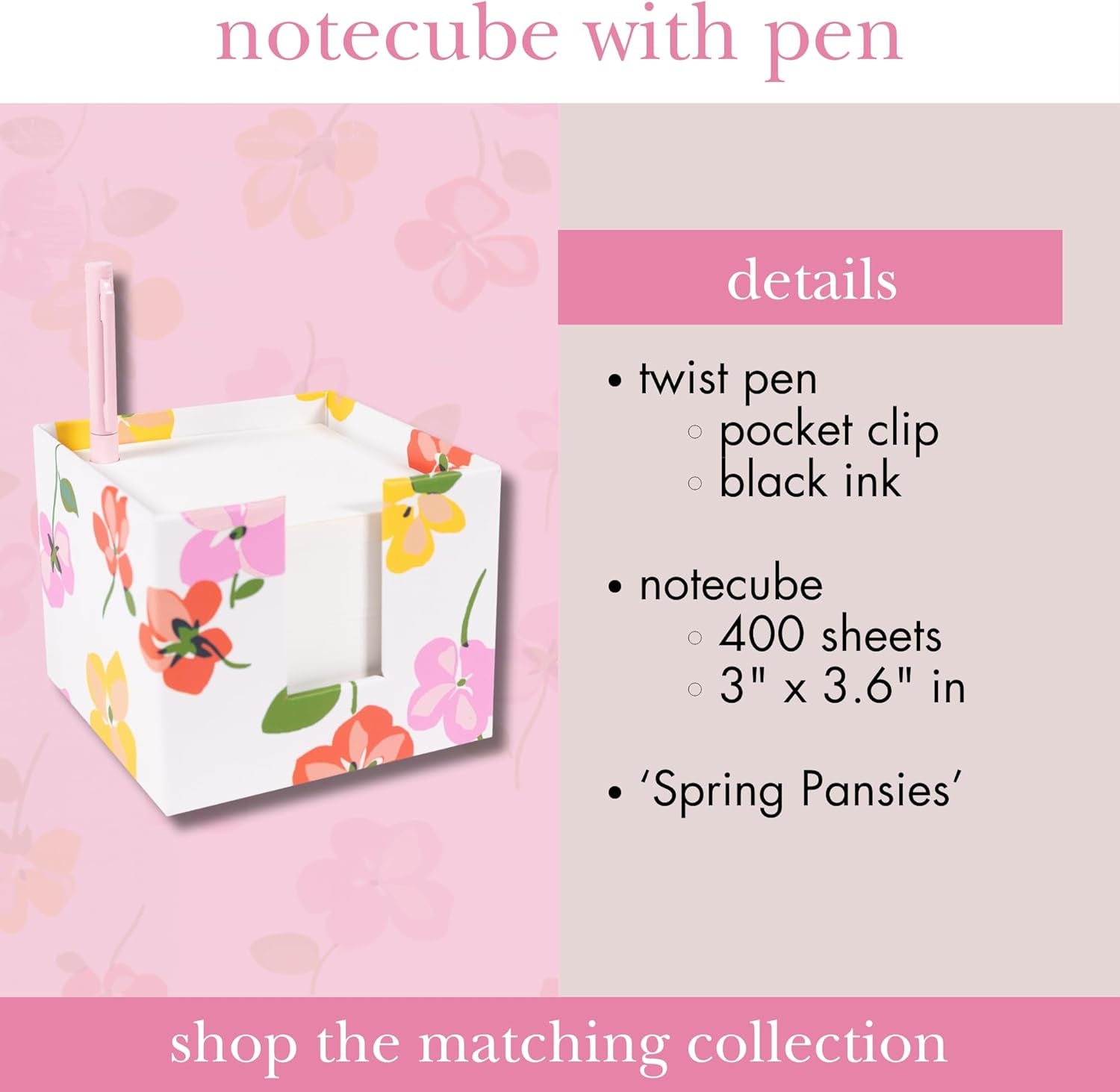 Kate Spade New York Note Cube with 400 Blank Sheets and Black Ink Pen, Cute Paper Holder for Desk (Spring Pansies)