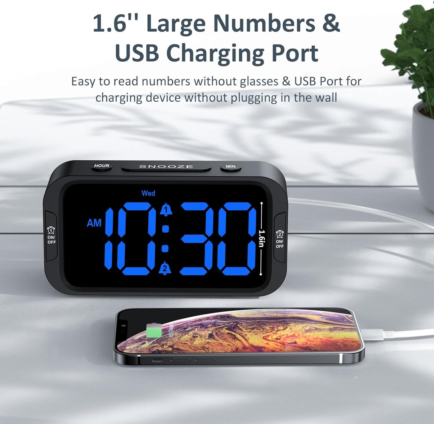 Odokee Digital Dual Alarm Clock for Bedroom, Easy to Set, 0-100% Dimmer, USB Charger, 5 Sounds Adjustable Volume, Weekday/Weekend Mode, Snooze, 12/24Hr, Battery Backup, Compact for Bedside(Blue)