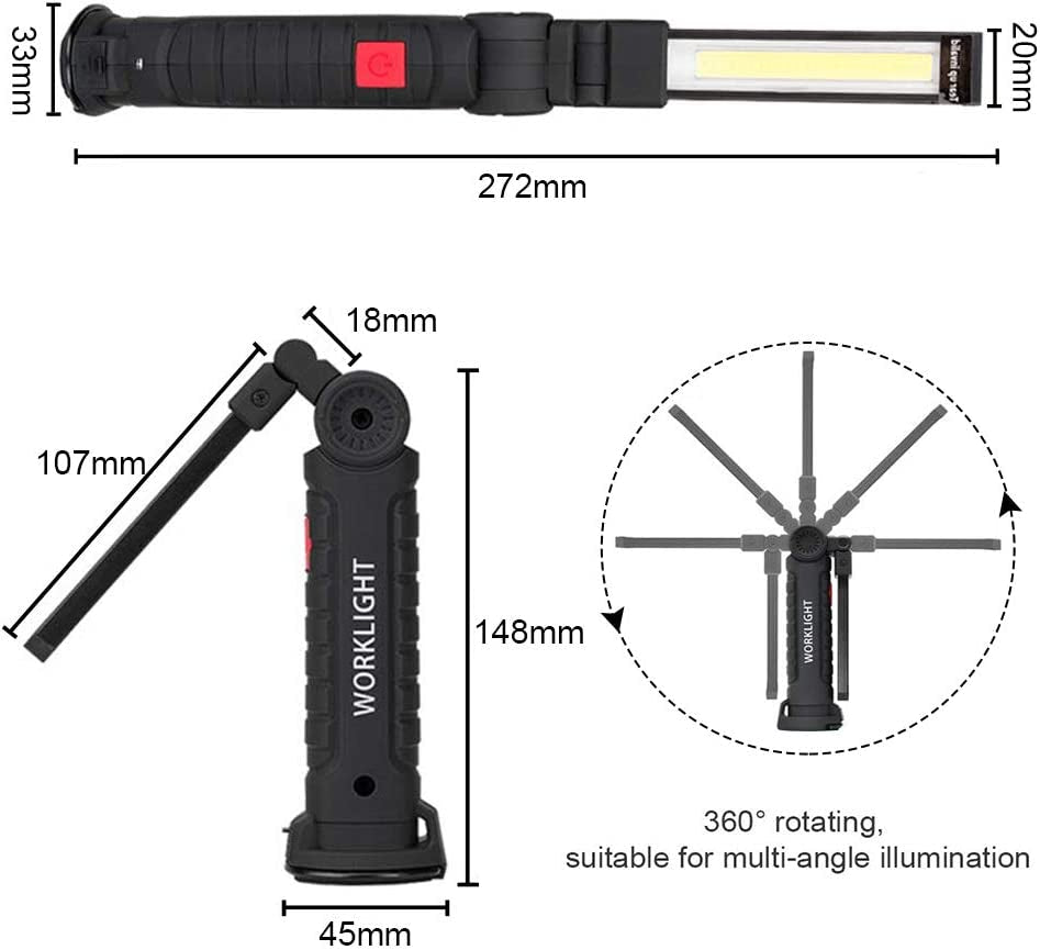 2Pack LED Work Lights, USB Rechargeable COB Light with Magnetic Base 360°Rotate and 5 Modes, Folding Flashlight Inspection Mechanic Light for Car Repairing, Workshop, Household and Emergency Use,Large