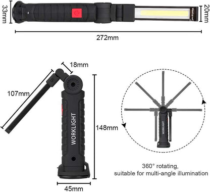 2Pack LED Work Lights, USB Rechargeable COB Light with Magnetic Base 360°Rotate and 5 Modes, Folding Flashlight Inspection Mechanic Light for Car Repairing, Workshop, Household and Emergency Use,Large