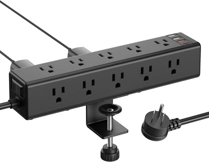 CCCEI Standing Desk Clamp Power Strip with 15 Outlets, Widely Spaced Desktop Edge Mount Surge Protector Outlet, Fast Charging USB-A and USB-C Ports, 6 FT Flat Plug, Black Fit 1.6 Inch Table Top.