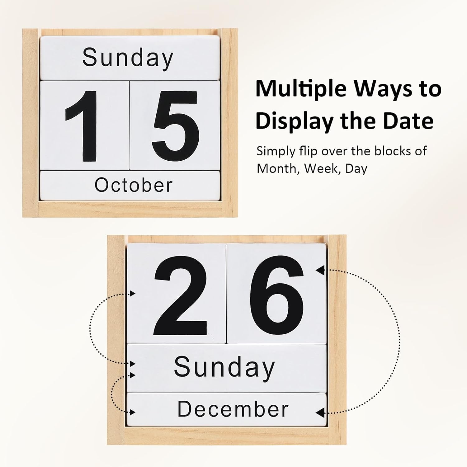 Wooden Block Calendar for Desk, Daily Desktop Perpetual Desk Calendar, Cute Date Display Blocks Desk Accessory for Home Office Decor, Teacher, Classroom, Reusable Yearly, Wood Grain