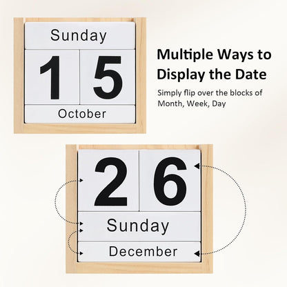 Wooden Block Calendar for Desk, Daily Desktop Perpetual Desk Calendar, Cute Date Display Blocks Desk Accessory for Home Office Decor, Teacher, Classroom, Reusable Yearly, Wood Grain
