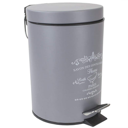 Home Basics Paris Collection Bathroom Accessories, Office, Bedroom, Decorative Waste Basket with Stylish Accent Decor to Complement Any Bathroom, 3 Liter Waste Bin, Grey