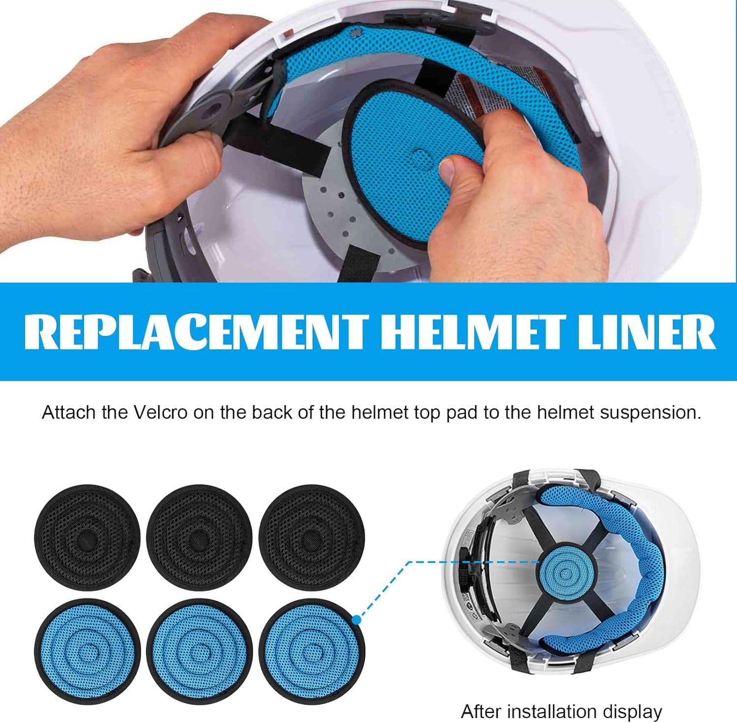 Hard Hat Top Pad, Washable Cooling Hard Hat Inserts/Liner/Cushions Replacement for Helmets, Hardhat Suspension Accessories (Blue, 6 Pack)